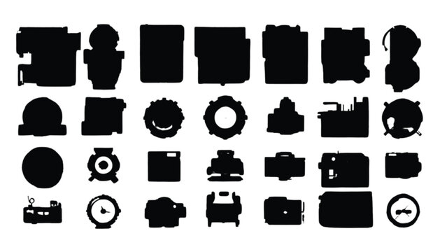 Silhouettes representing various mechanical components and industrial hardware tools are arranged in a clean grid layout for engineering reference materials and technical design documentation.