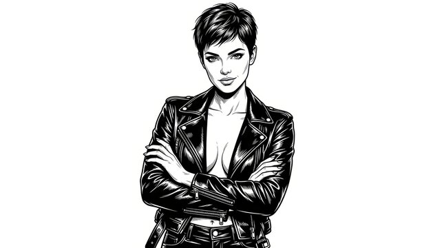 A confident fictional woman wearing an open leather jacket without an undershirt, portrayed in a tasteful high-fashion editorial style with a bold pin-up inspired pose. 