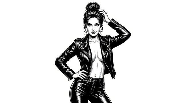 A confident fictional woman wearing an open leather jacket without an undershirt, portrayed in a tasteful high-fashion editorial style with a bold pin-up inspired pose. 