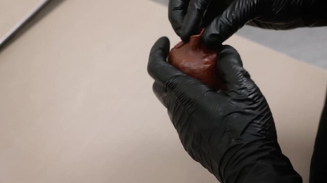A close-up, high-definition shot of a pastry chef in black gloves carefully shaping a delicate chocolate dessert. The creation features a glossy brown outer shell and is designed to resemble realistic