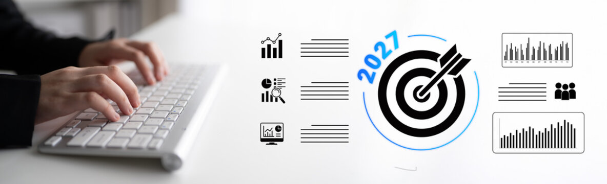 Business Planning and Data Analysis for Future Growth and Objectives with Keyboard and Graphics for Targets and Trends in Year 2027. Glyphic.