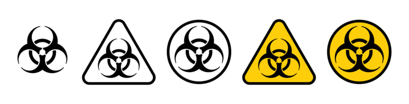 Biohazard black symbols set vector. Isolated biological hazard icons on white background. Chemical toxic virus signs concept. Black and yellow pictogram on triangle or circle. Vector illustration.