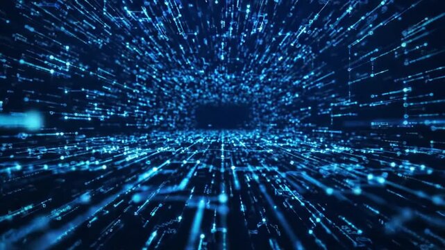 Abstract digital data stream with glowing blue lines and particles representing technology