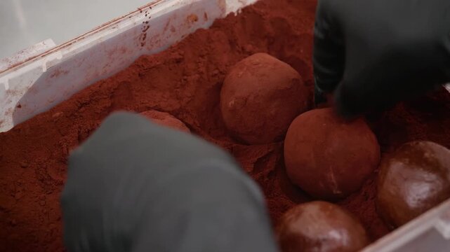 A detailed close-up shot featuring a pastry chef's hands in black gloves rolling artisanal chocolate truffles through a bed of fine cocoa powder. This high-quality footage highlights the texture of th