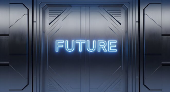 Close-up of a futuristic tunnel wall featuring a bright blue neon sign spelling future in bold, modern font.