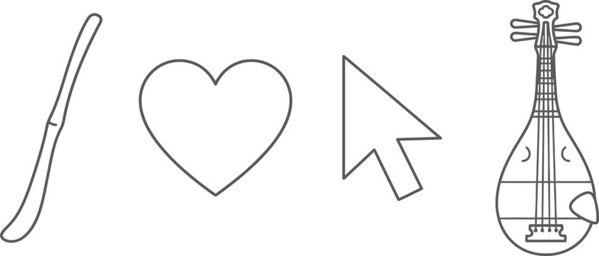 Diverse icons set including knife heart cursor and mandolin with mandolin