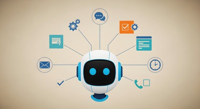 Friendly robot face with interactive icons floating around it depicting digital services, automation, and user-friendly technology solutions.