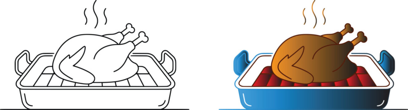 Roasted turkey in baking dish illustration set color and black and white versions