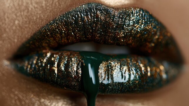 Macro lips, metallic bronze skin, dripping shiny dark green liquid gloss, creative fashion editorial