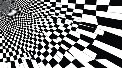 Obraz premium Abstract black and white geometric pattern featuring a distorted checkered grid with intense perspective depth