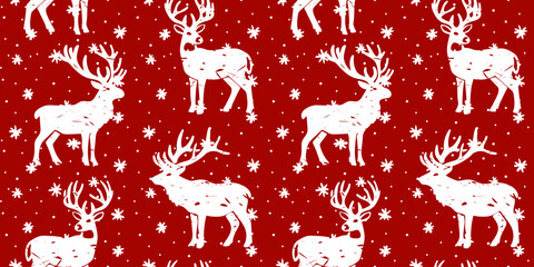 christmas seamless pattern with white silhouette reindeer and snowflakes on red background for winter holiday print design © pani_Nadichka