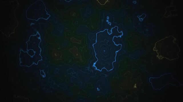 Digital topographic map with glowing contour lines on dark background