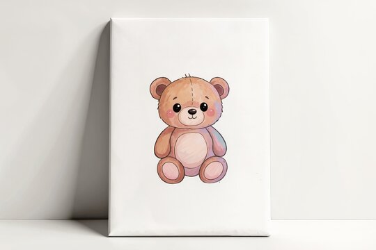 Illustration d'un adorable ourson en peluche rose au style aquarelle sur fond blanc, dessin enfantin kawaii pour d&eacute;coration de chambre d'enfant, papeterie et cr&eacute;ations graphiques
