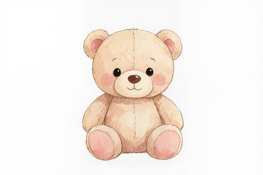 Illustration d'un adorable ourson en peluche rose au style aquarelle sur fond blanc, dessin enfantin kawaii pour d&eacute;coration de chambre d'enfant, papeterie et cr&eacute;ations graphiques