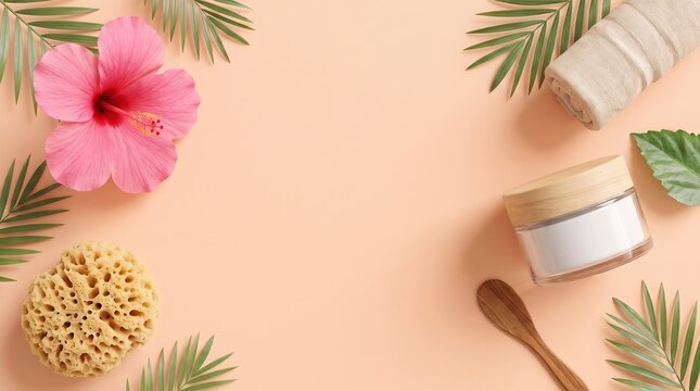 Composizione  con ibisco rosa, spugna di mare, e contenitore cosmetici su sfondo chiaro . Generative AI