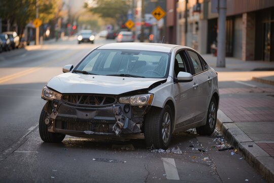 Voitures accident&eacute;es avec pare-chocs endommag&eacute;s dans une rue en ville, concept d'accident de la circulation, s&eacute;curit&eacute; routi&egrave;re, assurance automobile et dommages mat&eacute;riels