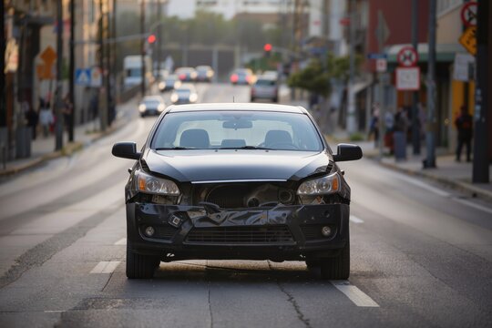 Voitures accident&eacute;es avec pare-chocs endommag&eacute;s dans une rue en ville, concept d'accident de la circulation, s&eacute;curit&eacute; routi&egrave;re, assurance automobile et dommages mat&eacute;riels