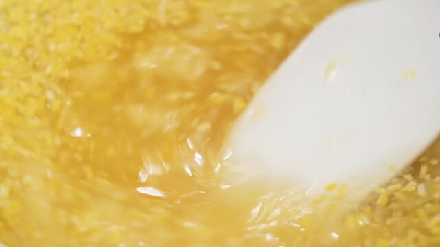 A high-definition, macro-style shot of a thick and vibrant yellow lemon dessert filling. The texture reveals bits of fresh citrus zest and a creamy, custard-like consistency, ideal for lemon meringue 