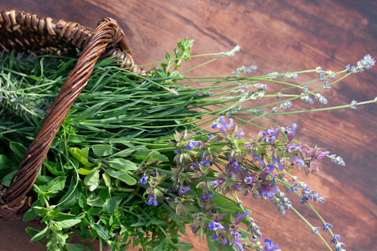 A close-up of an old wicker basket filled with freshly harvested sage and lavender. The basket is photographed from above.