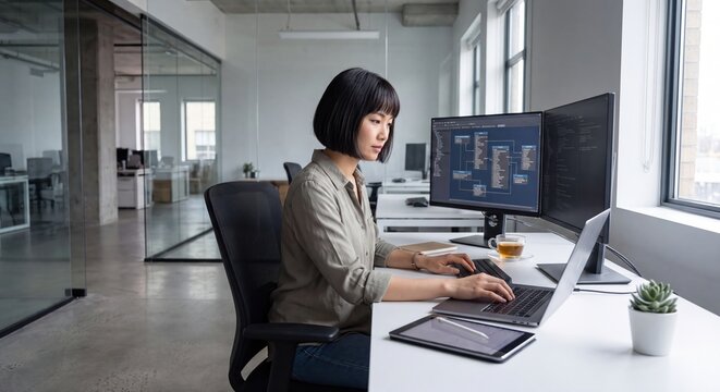 Focused Asian woman programmer working on complex database schema on dual monitors in modern office