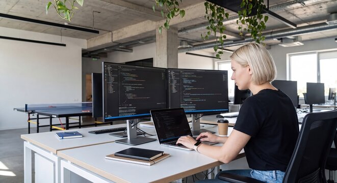 Focused female programmer working on multiple computer screens in a modern office with plants and ping pong table.