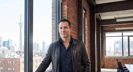 Obraz premium Confident businessman in leather jacket standing in modern office with city skyline view