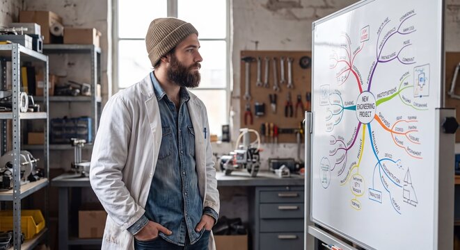 Engineer in workshop reviews mind map for new project, surrounded by tools and equipment.