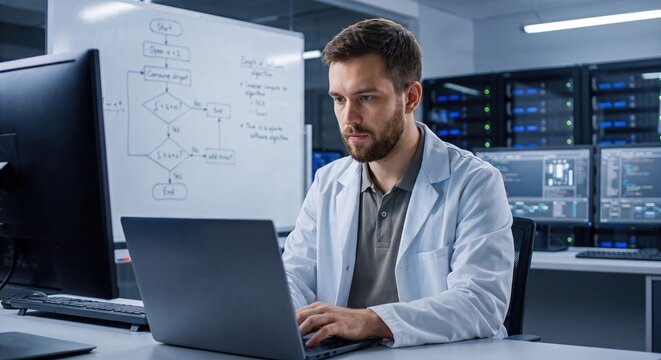 Focused scientist in lab coat working on laptop in a modern server room with flowchart on whiteboard