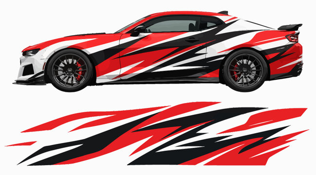 Red and black racing car with dynamic flame decals.