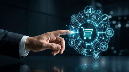 Fototapeta premium A businessman hand touching futuristic digital ecommerce shopping cart interface