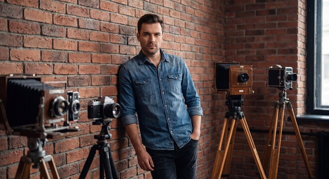A handsome man in a denim shirt leans against a brick wall with vintage cameras on tripods.