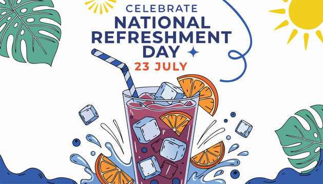 Colorful illustration celebrating national refreshment day with a cold drink