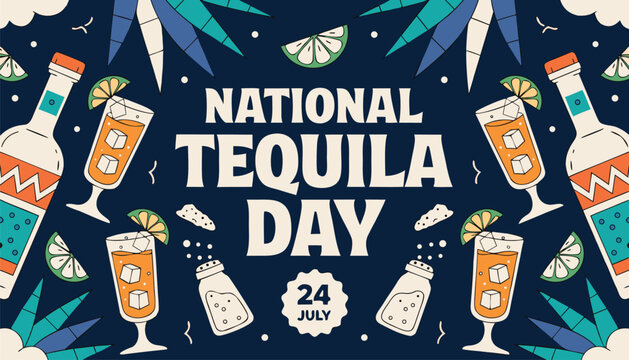 Flat vector illustration celebrating national tequila day with citrus cocktails