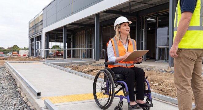 Woman in wheelchair wearing safety vest and hard hat inspects construction site with colleague.