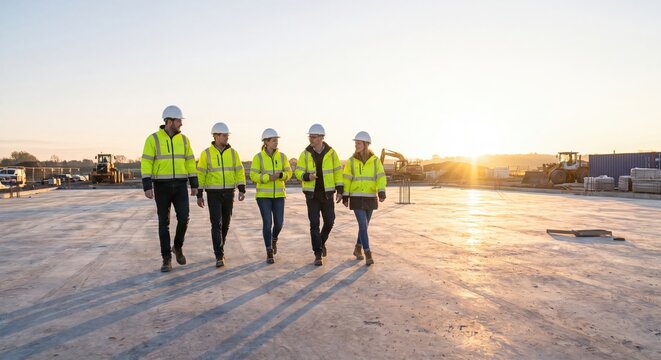 Diverse team of construction workers in high-visibility jackets and hard hats walking at a construction site during sunset.