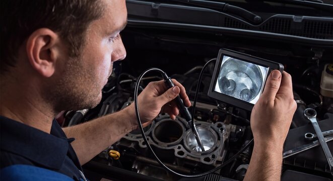 Mechanic using an endoscope camera to inspect the inside of a car engine cylinder for damage.