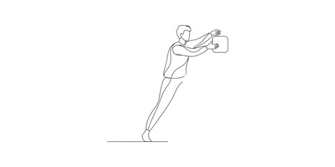 Obraz premium Man in continuous line art style holding a kettlebell demonstrating strength and fitness.