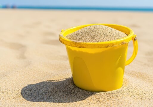 A vibrant yellow plastic bucket sits half-filled with golden beach sand, ready for seaside play and construction on a sunny day, play, object, bucket