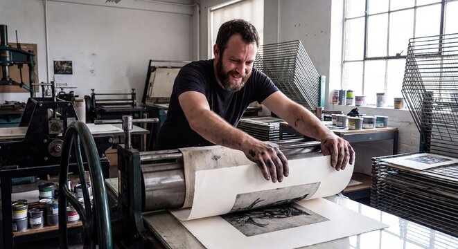 Artist using a printing press in a studio to create artwork, hands covered in ink, focused on process.