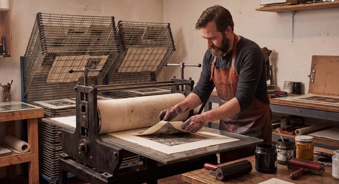 Artist meticulously working with a printing press in a studio, creating artwork with ink and paper.