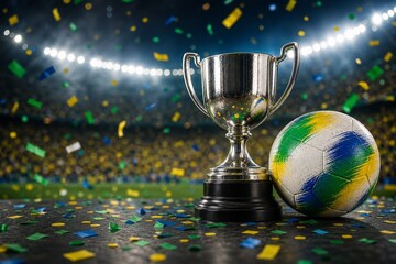 Fototapeta premium サッカーボールと汎用カップの祝勝シーン