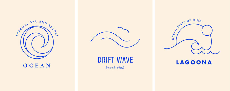 Minimalist abstract blue sea, ocean and wave line art logos collection. Minimal linear marine and coastal icons and emblems set