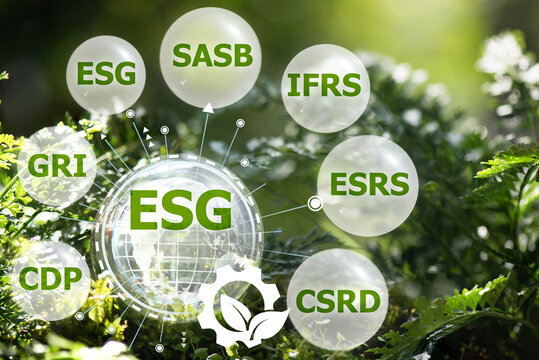 ESG,CDP,GRI,SASB,IFRS,ESRS,CSRD texts and icons on natural background.