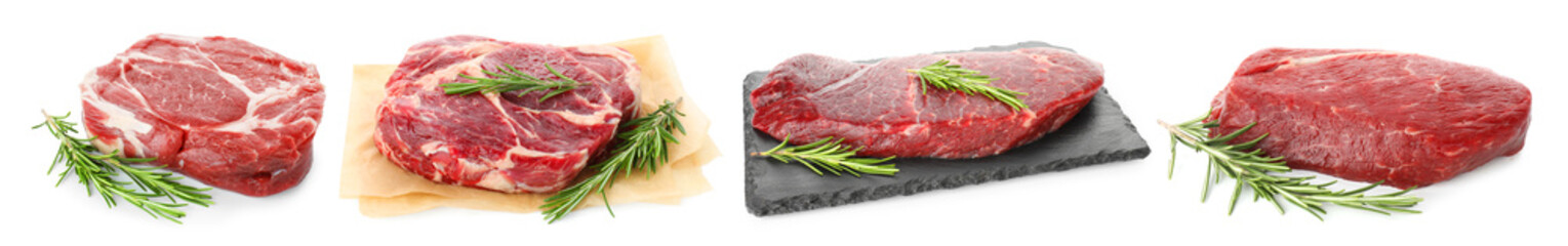 Fototapeta premium Fresh beef meat with rosemary isolated on white, set