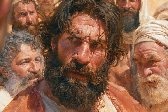 John the Baptist confronting Pharisees in desert heat, intense expression, photorealistic