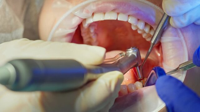  A close-up of dentists drilling a hole for a dental implant in the jaw of a young adult female patient with a dental drill, while draining excess saliva. Footage of a real-life surgical procedure