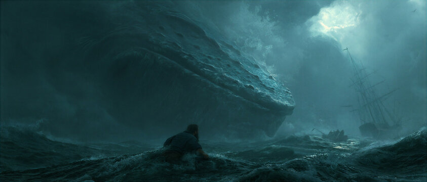 Jonah being swallowed by a colossal sea creature in the middle of a violent ocean storm, terrifying scale, dark atmospheric, illustration style