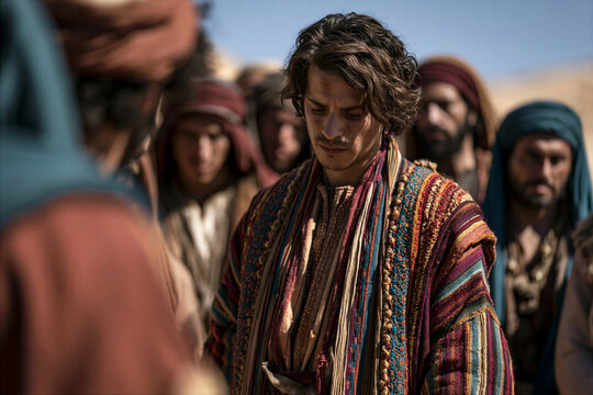 Joseph in multicolored coat standing before his brothers, emotional tension in desert setting, cinematic biblical realism