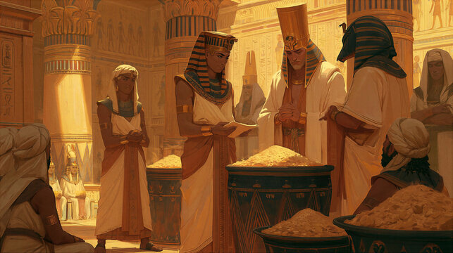 Joseph interpreting Pharaoh's dream in ancient Egyptian court, golden palace interior, symbolic grain and famine imagery, illustration style