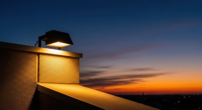 Architectural lighting fixture mounted on the parapet of a modern structure, casting a warm glow onto the surface at twilight, warmth, lamp, atmosphere